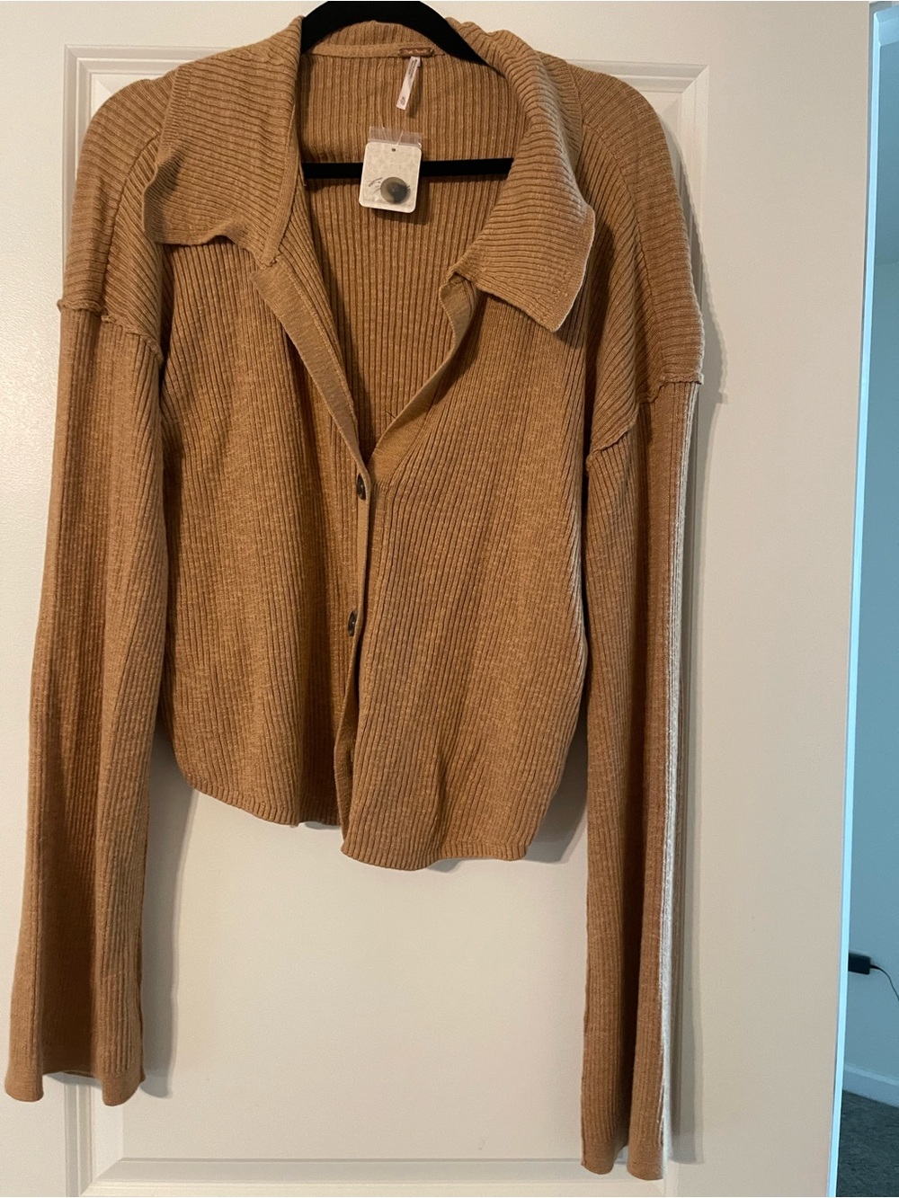 Free People Camel Ribbed Button-Front Cardigan